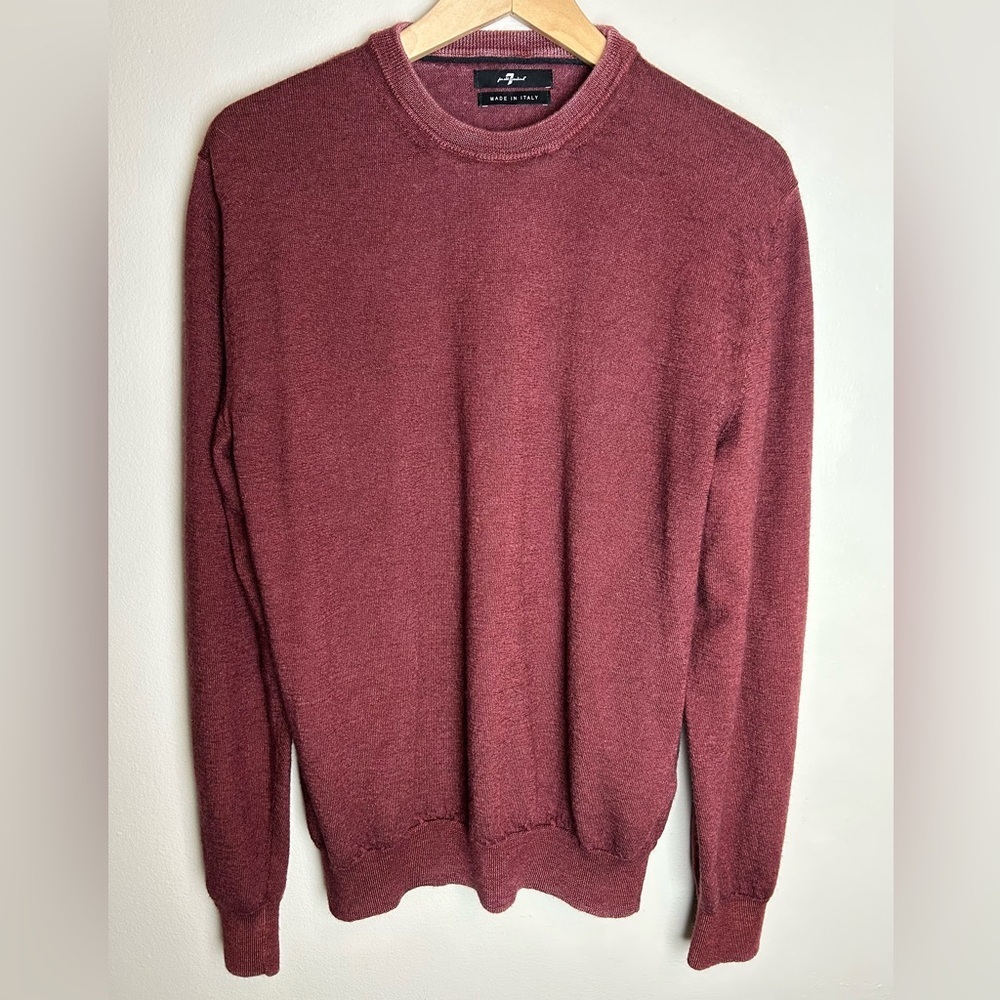 7 For All Mankind Large Merino Wool Sweater Distressed Made In Italy Burgundy